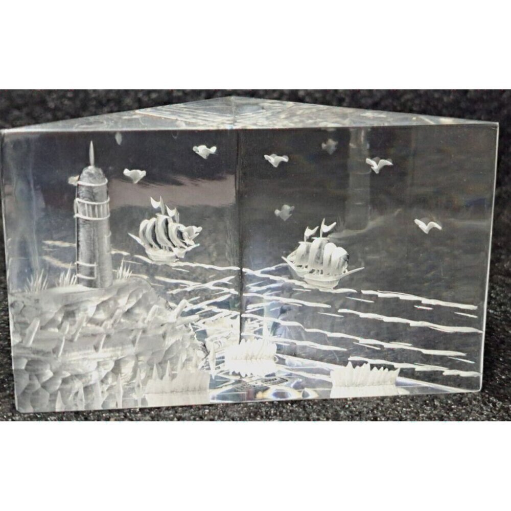 Triangle Shaped Paperweight Etched Lighthouse Sailing Ships Seagulls